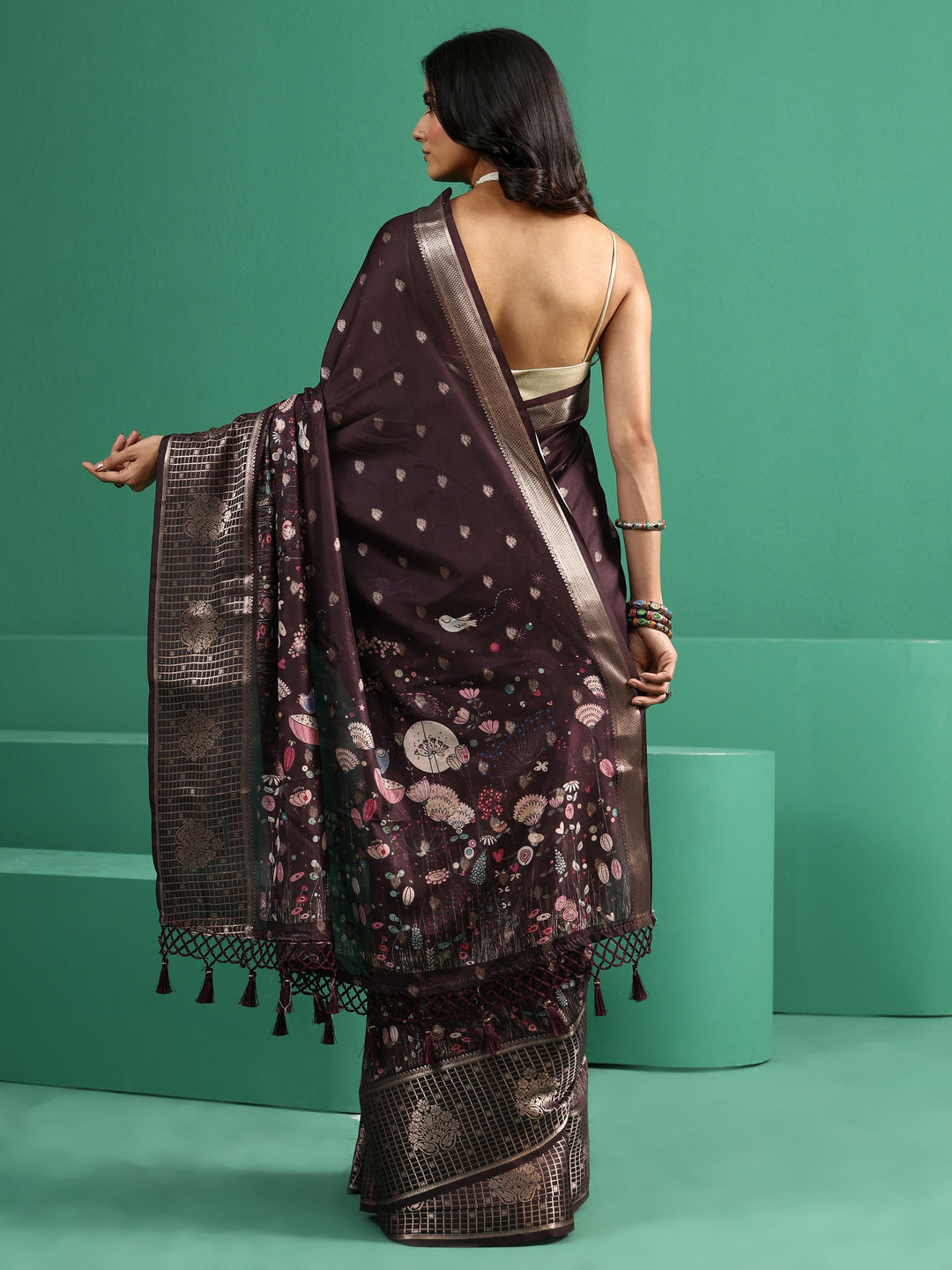 Libas Brown Printed Silk Blend with Woven Design Border