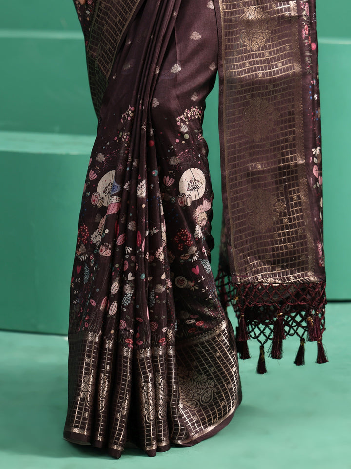 Libas Brown Printed Silk Blend with Woven Design Border