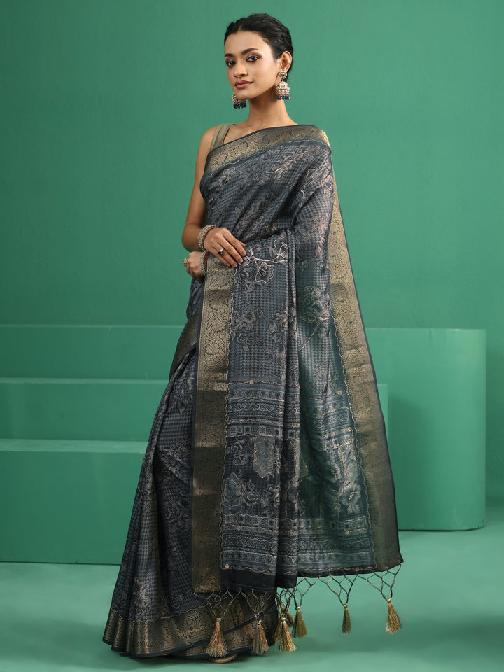 Libas Navy Blue Floral Printed Silk Blend Saree with Woven Design Border