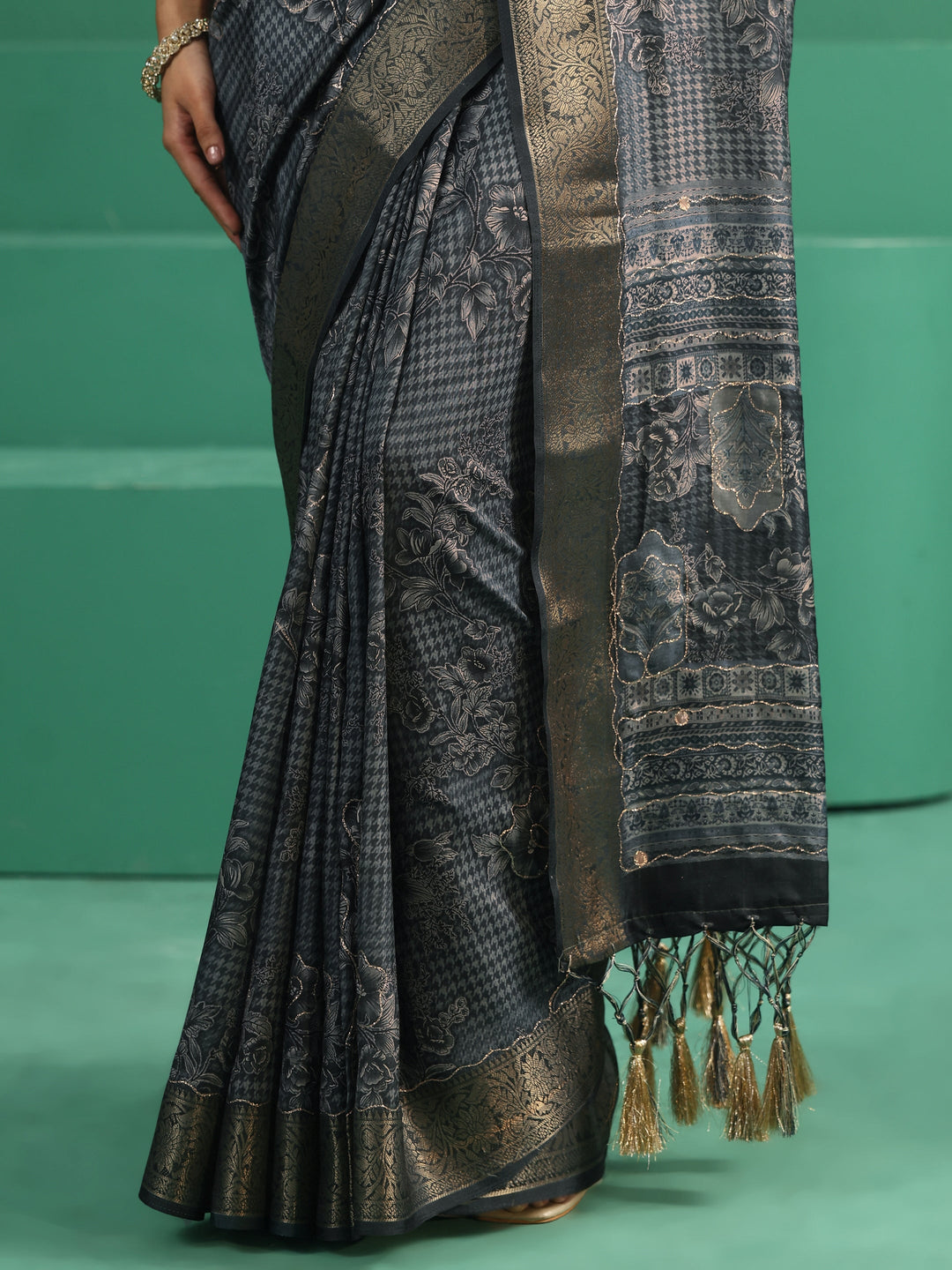 Libas Navy Blue Floral Printed Silk Blend Saree with Woven Design Border