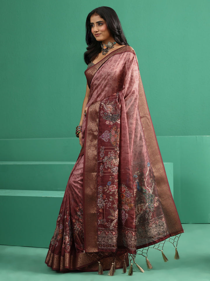 Libas Mauve Floral Printed Silk Blend Saree with Woven Design Border