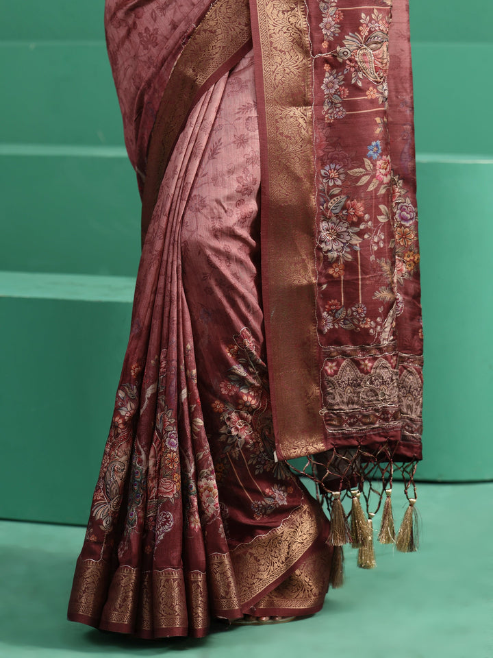 Libas Mauve Floral Printed Silk Blend Saree with Woven Design Border
