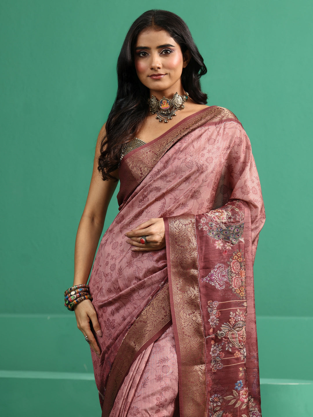 Libas Mauve Floral Printed Silk Blend Saree with Woven Design Border