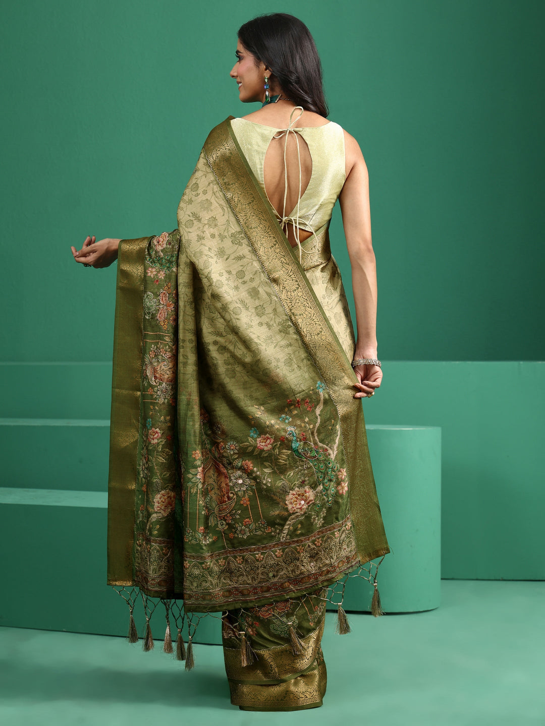 Libas Fern Green Floral Printed Silk Blend Saree with Woven Design Border