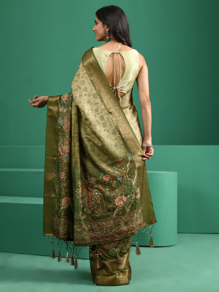 Libas Fern Green Floral Printed Silk Blend Saree with Woven Design Border