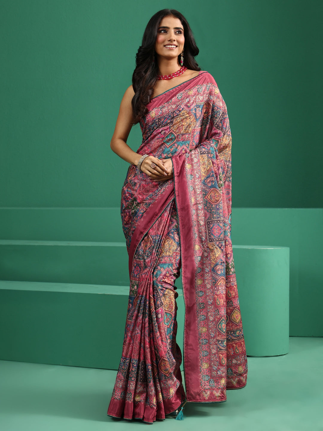 Libas Multicolour Sequin Embellished Printed Satin Saree
