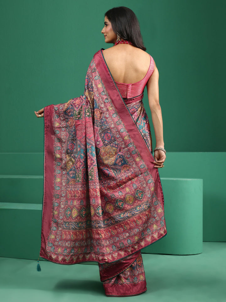 Libas Multicolour Sequin Embellished Printed Satin Saree