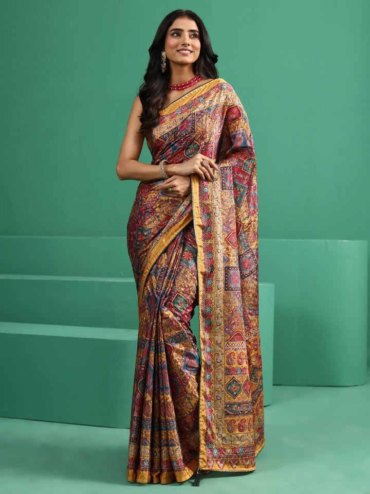 Libas Multicolour Sequin Embellished Printed Satin Saree