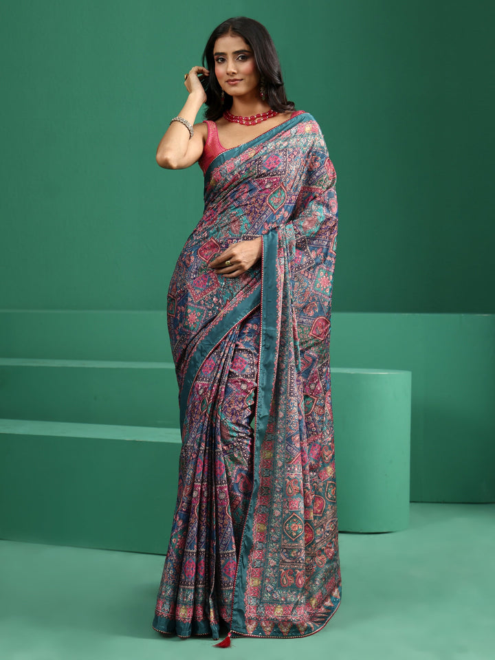 Libas Multicolour Sequin Embellished Printed Satin Saree