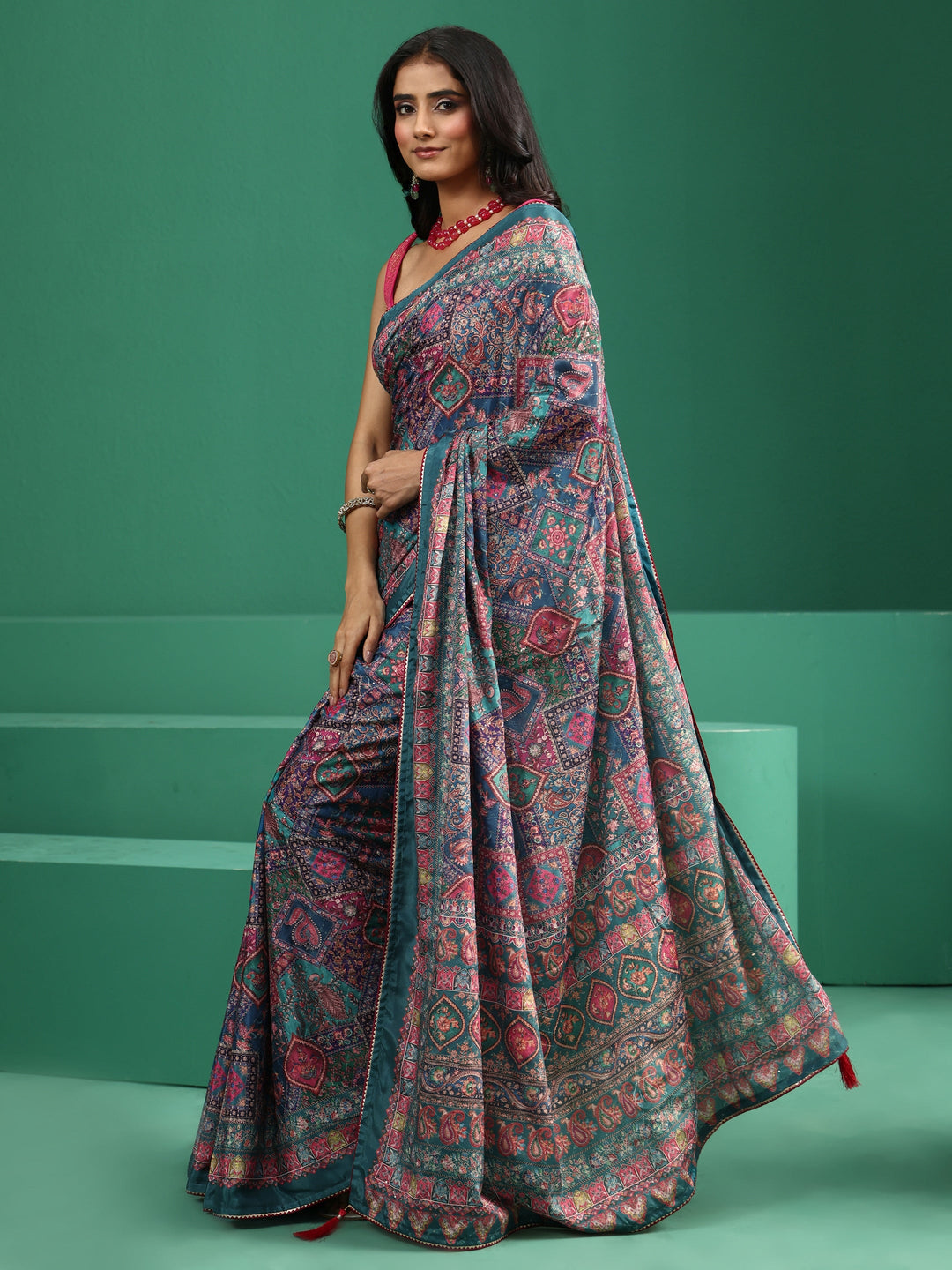 Libas Multicolour Sequin Embellished Printed Satin Saree