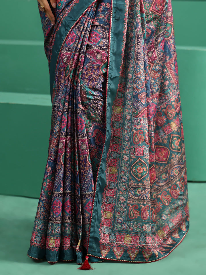 Libas Multicolour Sequin Embellished Printed Satin Saree