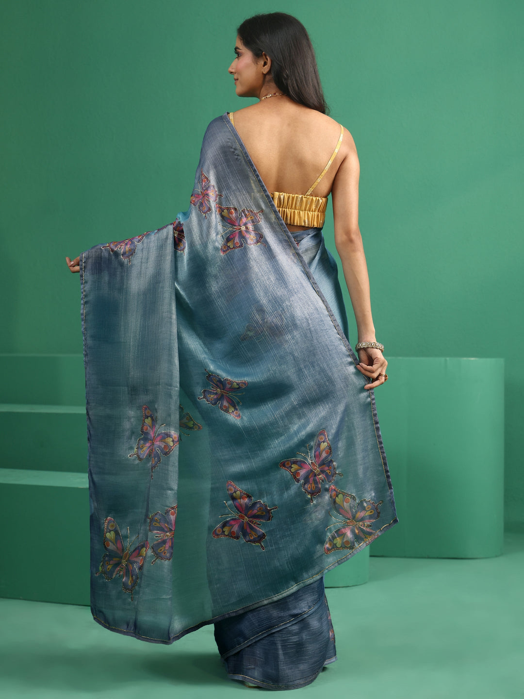 Libas Cobalt Blue Butterfly Print Chiffon Saree