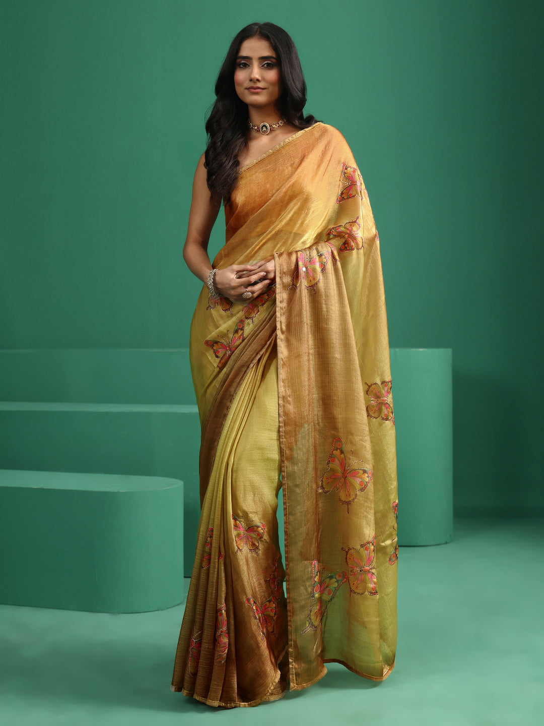 Libas Mustard Butterfly Print Chiffon Saree