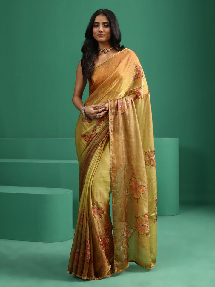 Libas Mustard Butterfly Print Chiffon Saree