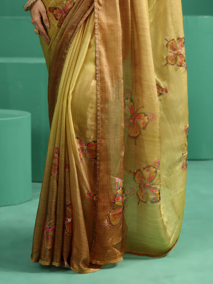 Libas Mustard Butterfly Print Chiffon Saree