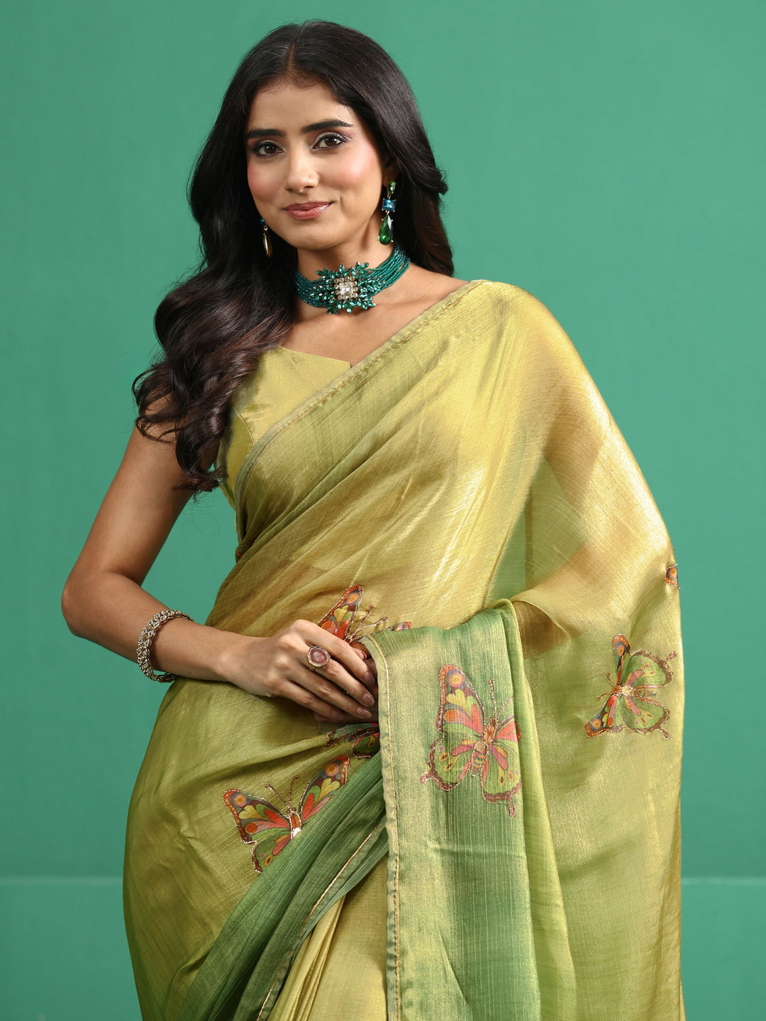 Libas Fern Green Butterfly Print Chiffon Saree