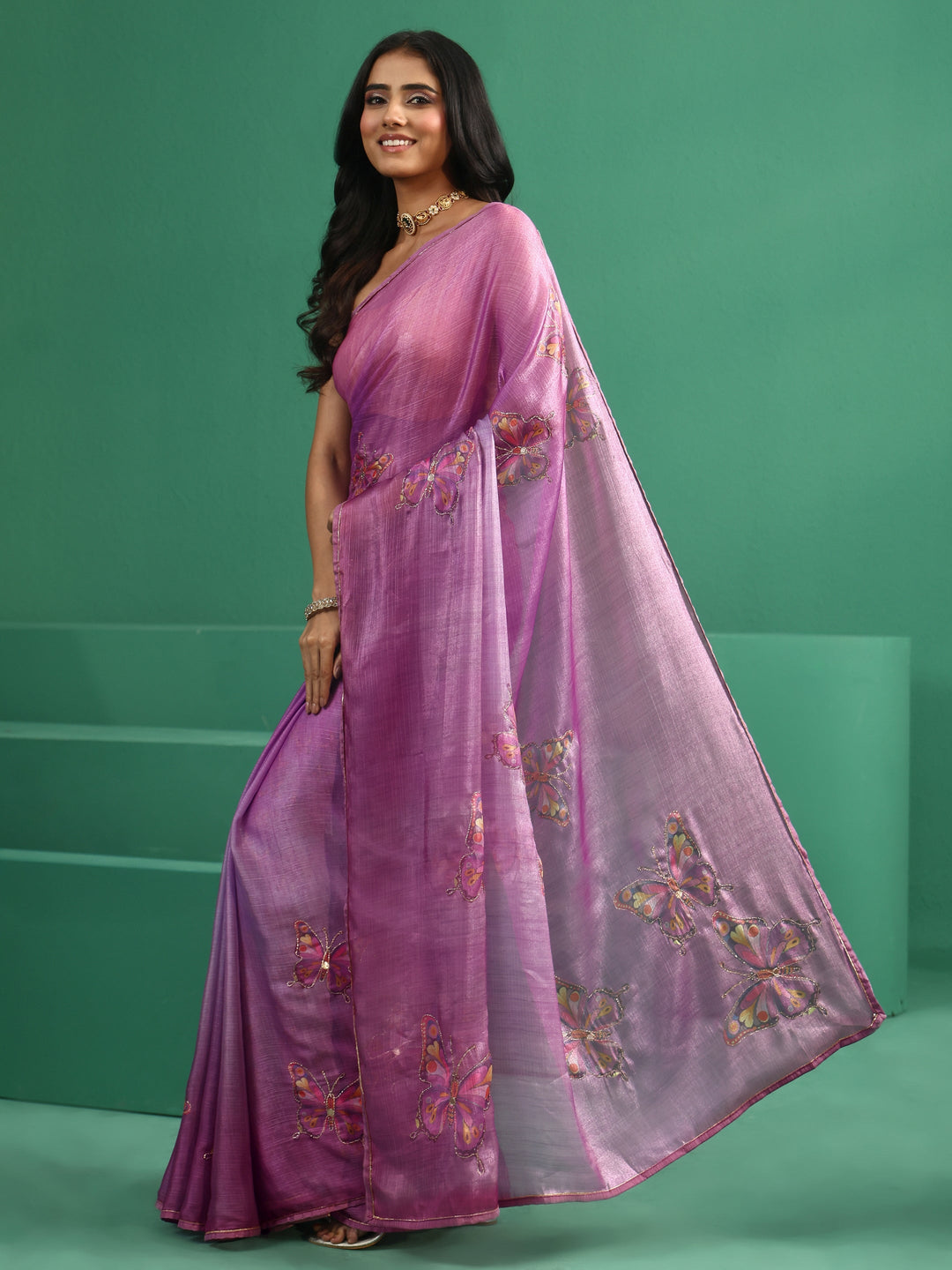Libas Light Purple Butterfly Print Chiffon Saree