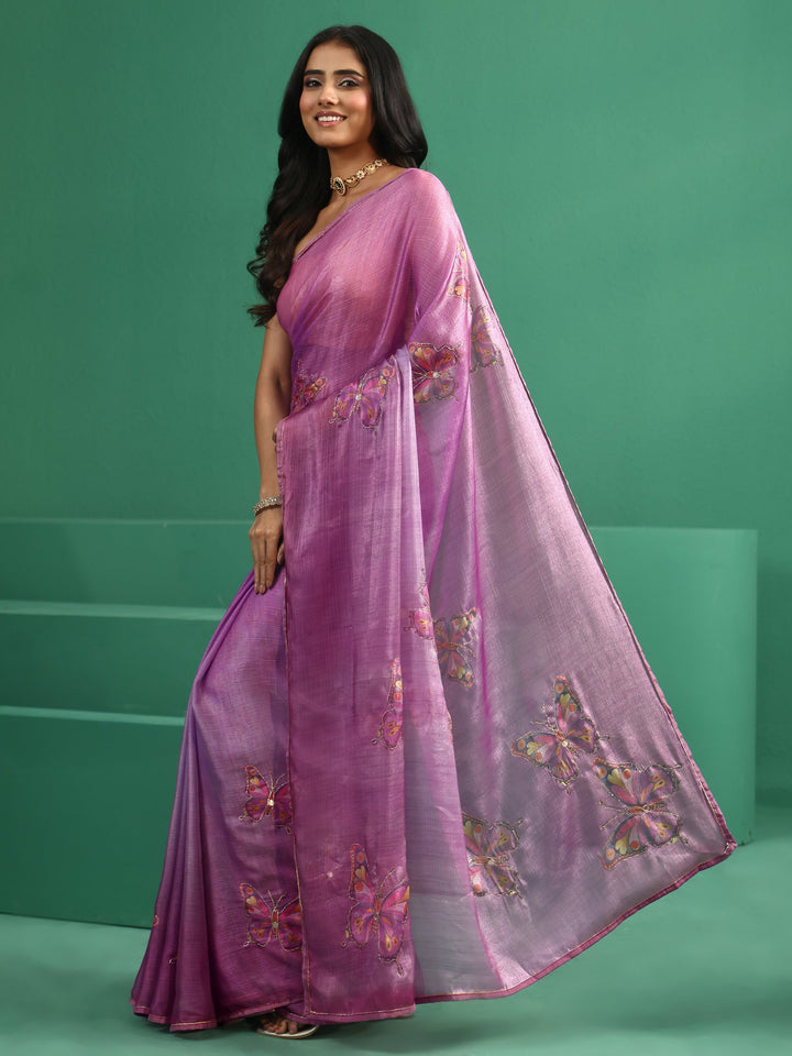 Libas Light Purple Butterfly Print Chiffon Saree