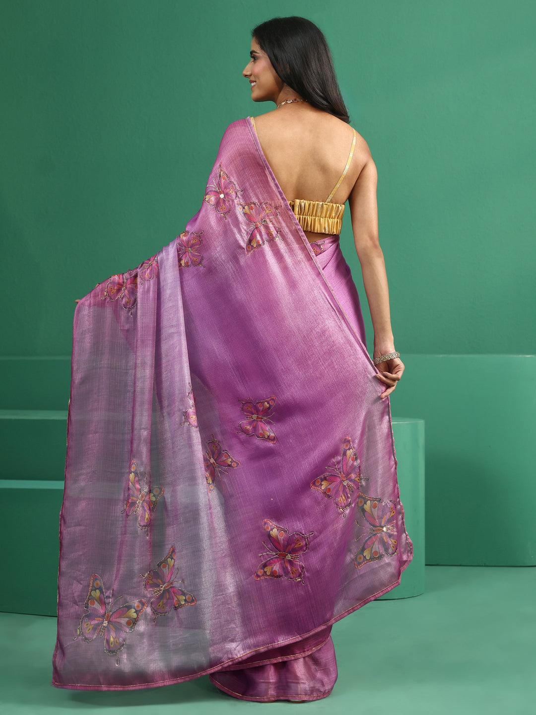 Libas Light Purple Butterfly Print Chiffon Saree