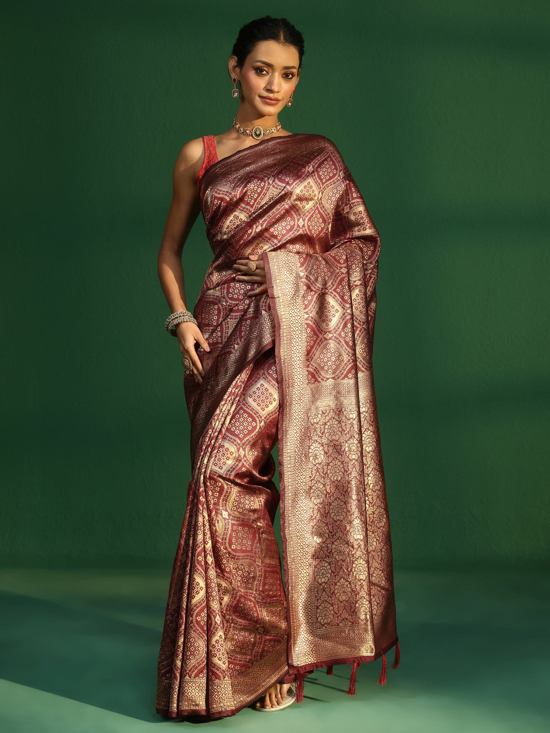 Libas Crimson Red Brocade Saree