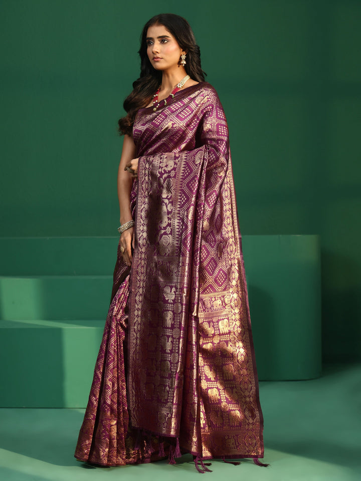 Libas Rose Pink Brocade Saree with Elephant Motifs