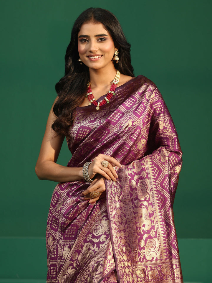 Libas Rose Pink Brocade Saree with Elephant Motifs