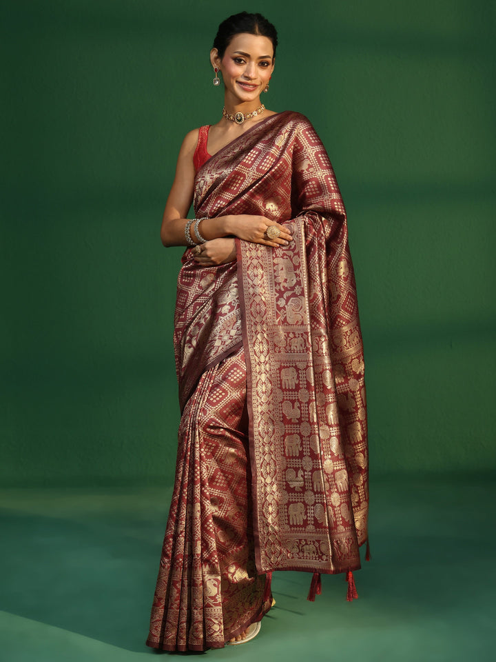Libas Cardinal Red Brocade Saree with Elephant Motifs