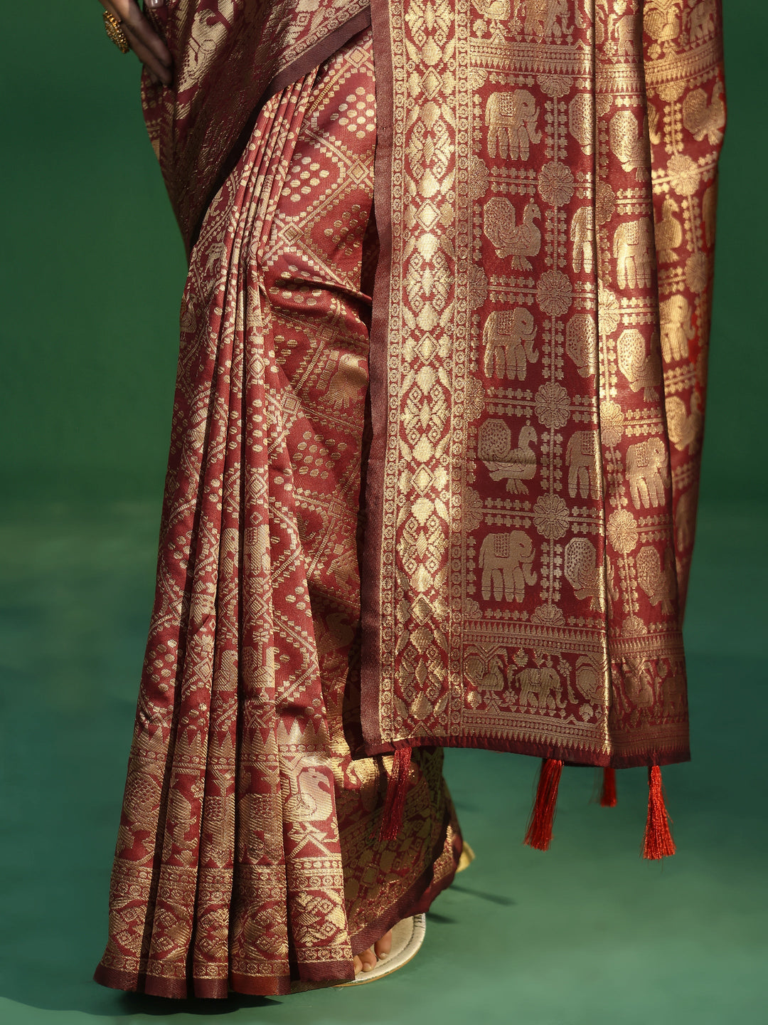 Libas Cardinal Red Brocade Saree with Elephant Motifs