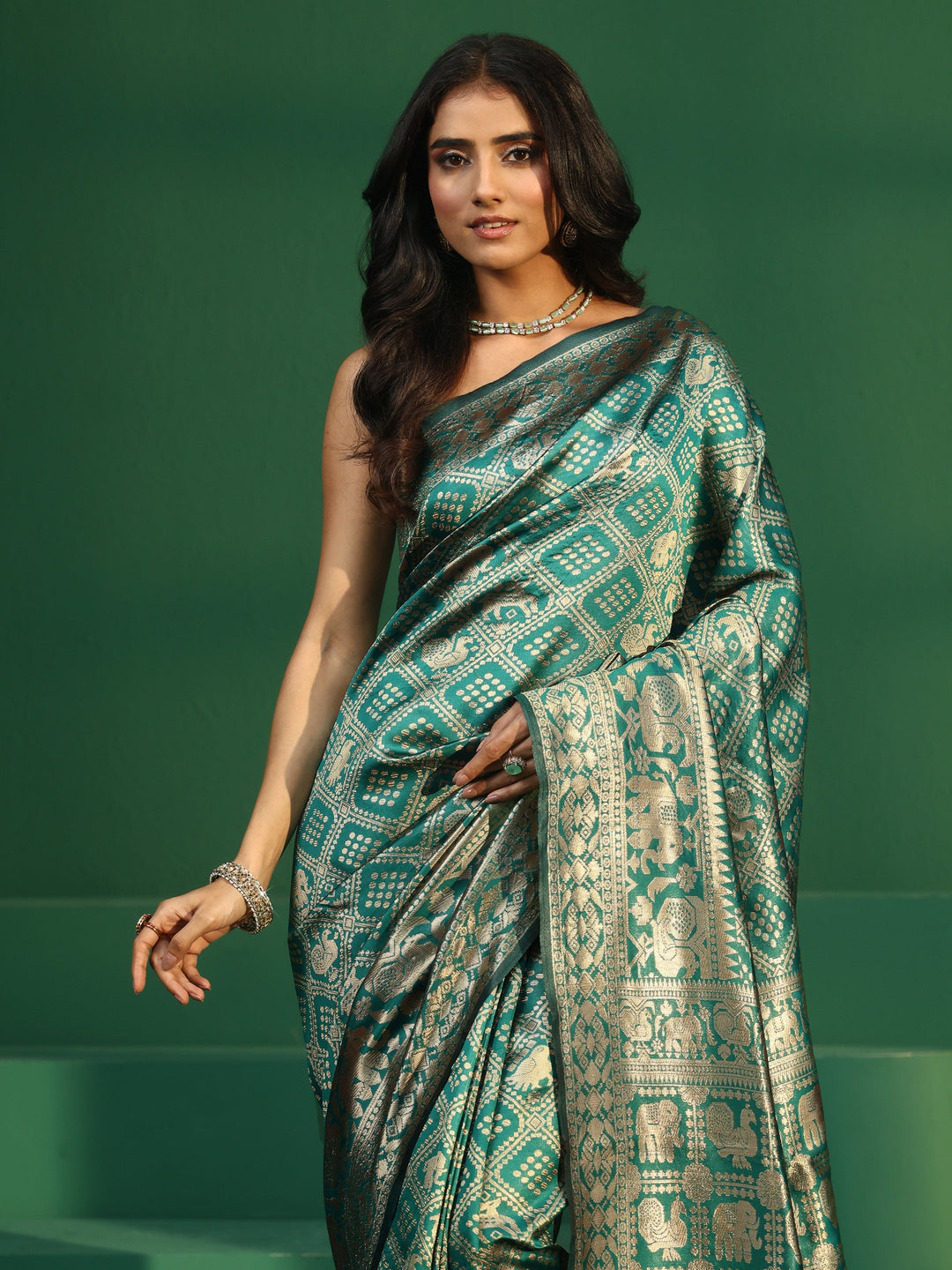 Libas Teal Green Brocade Saree with Elephant Motifs