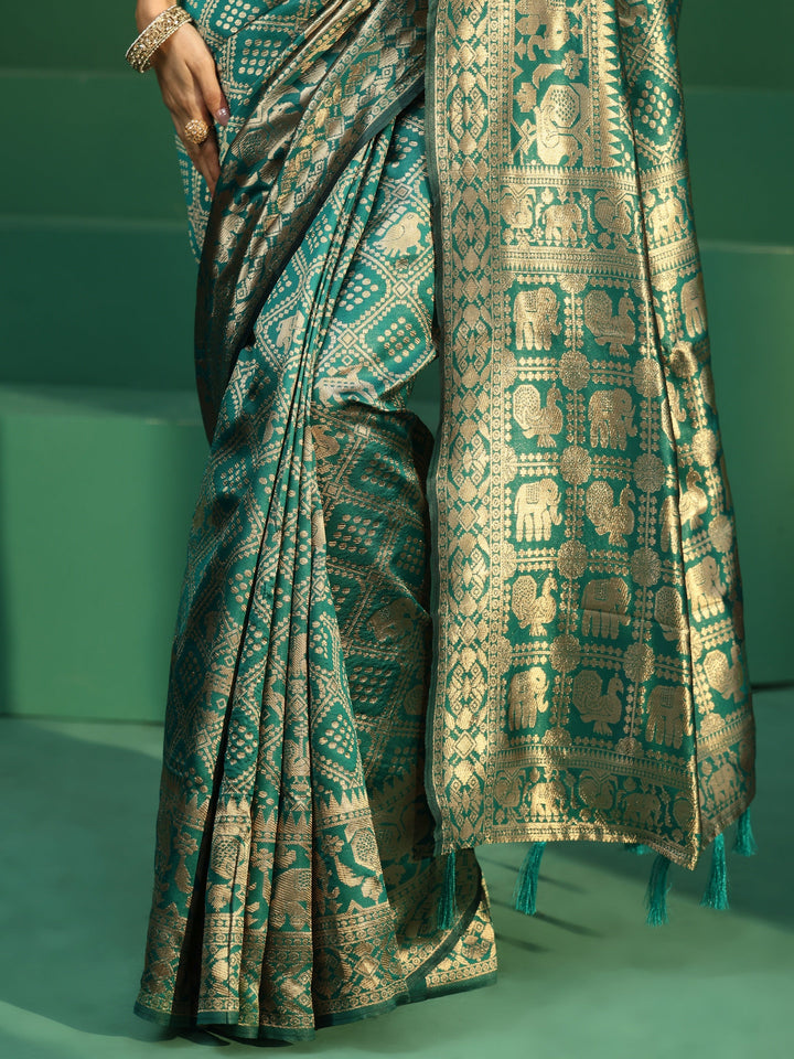Libas Teal Green Brocade Saree with Elephant Motifs