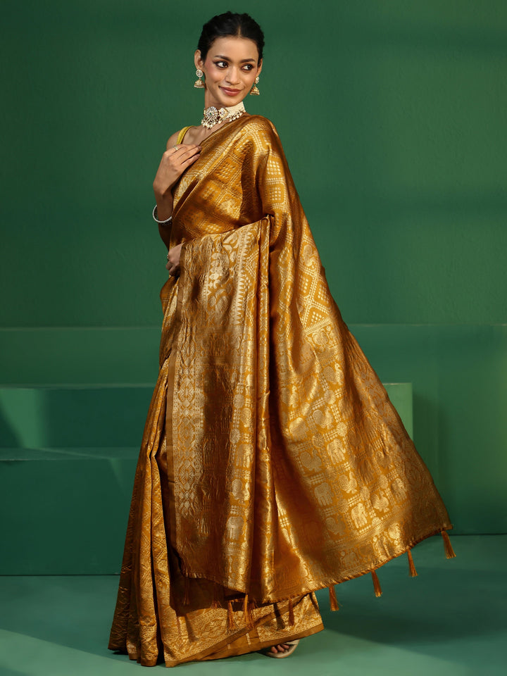 Libas Mustard Brocade Saree with Elephant Motifs