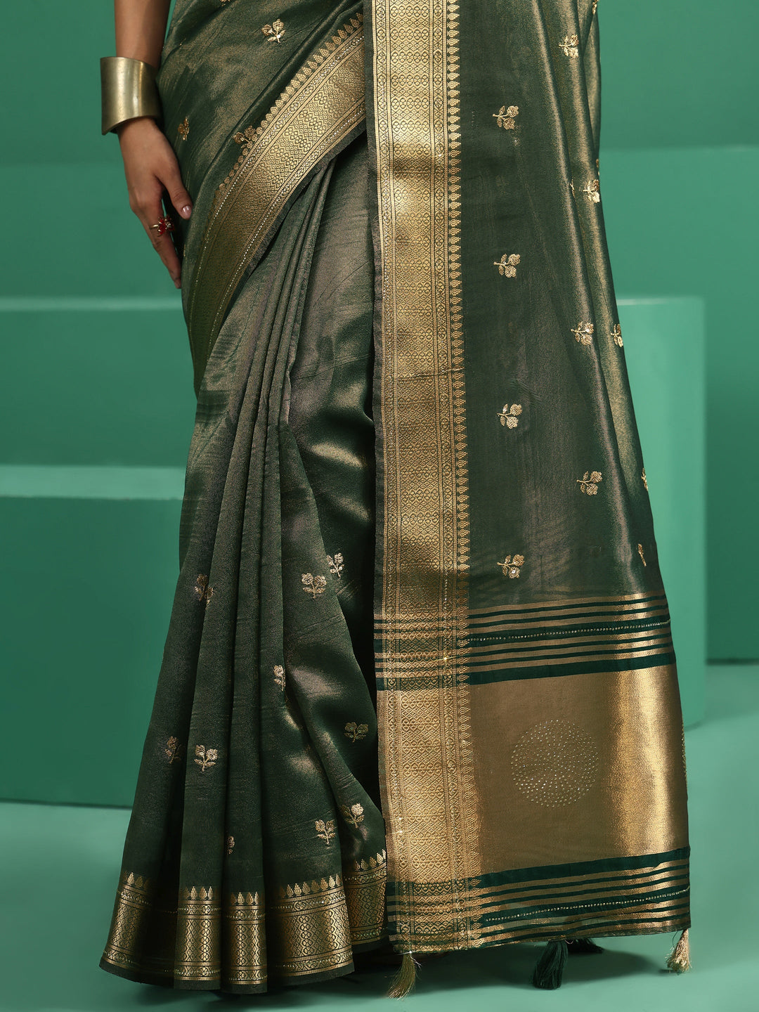 Libas Green Floral Embroidered Tissue Saree
