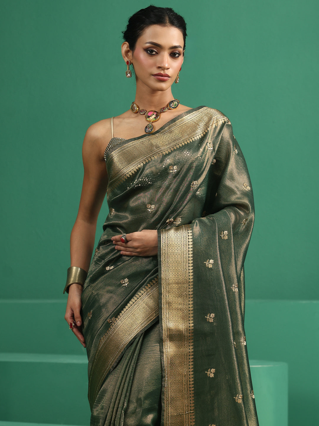 Libas Green Floral Embroidered Tissue Saree