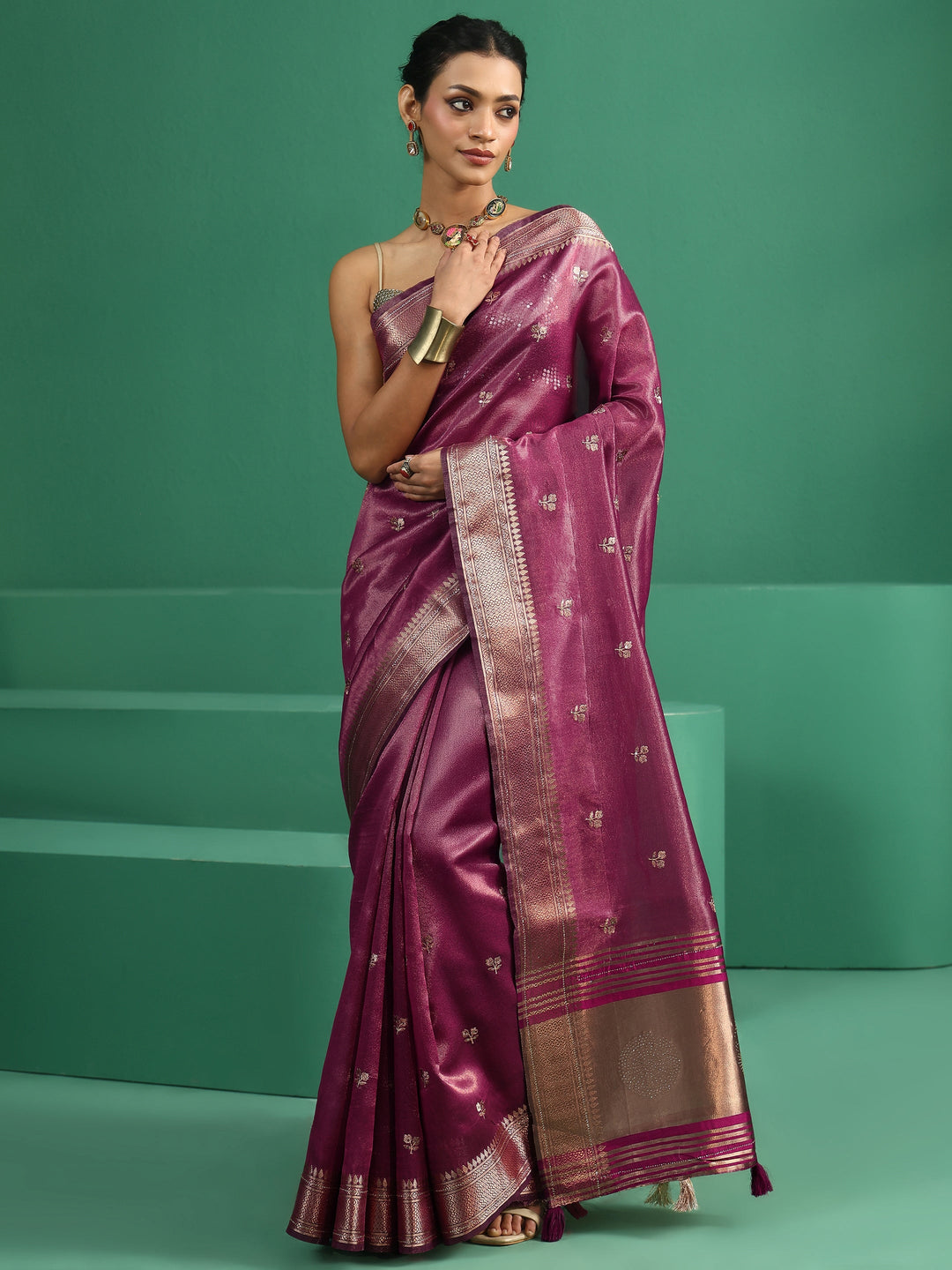Libas Rose Pink Floral Embroidered Tissue Saree