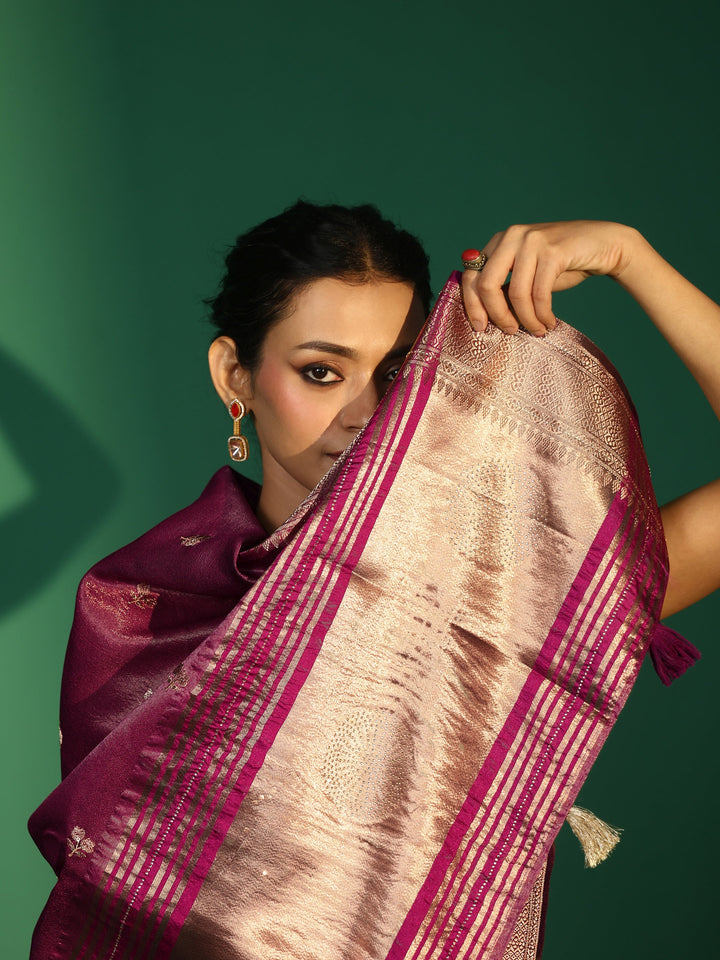 Libas Rose Pink Floral Embroidered Tissue Saree