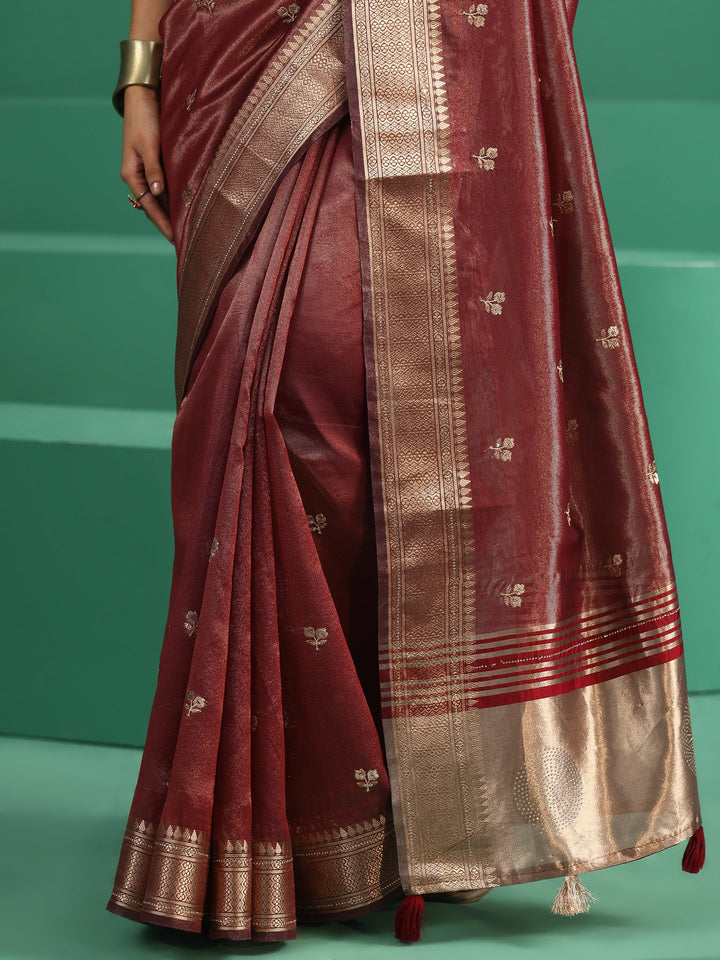Libas Maroon Floral Embroidered Tissue Saree