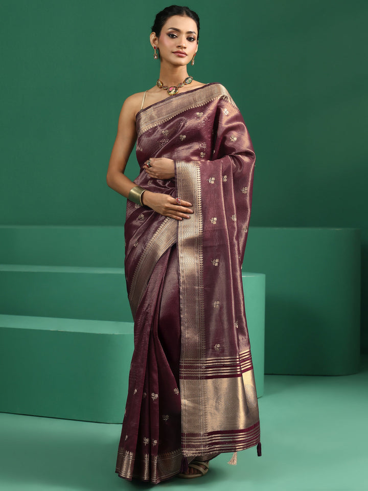 Libas Wine Purple Floral Embroidered Tissue Saree