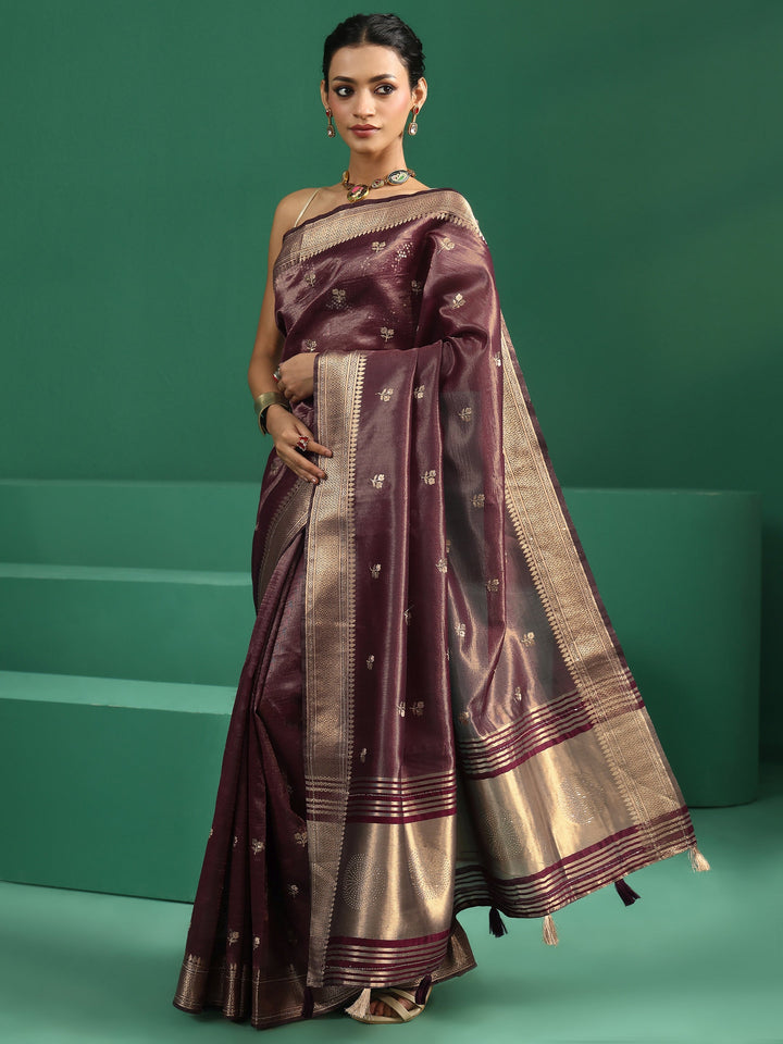 Libas Wine Purple Floral Embroidered Tissue Saree