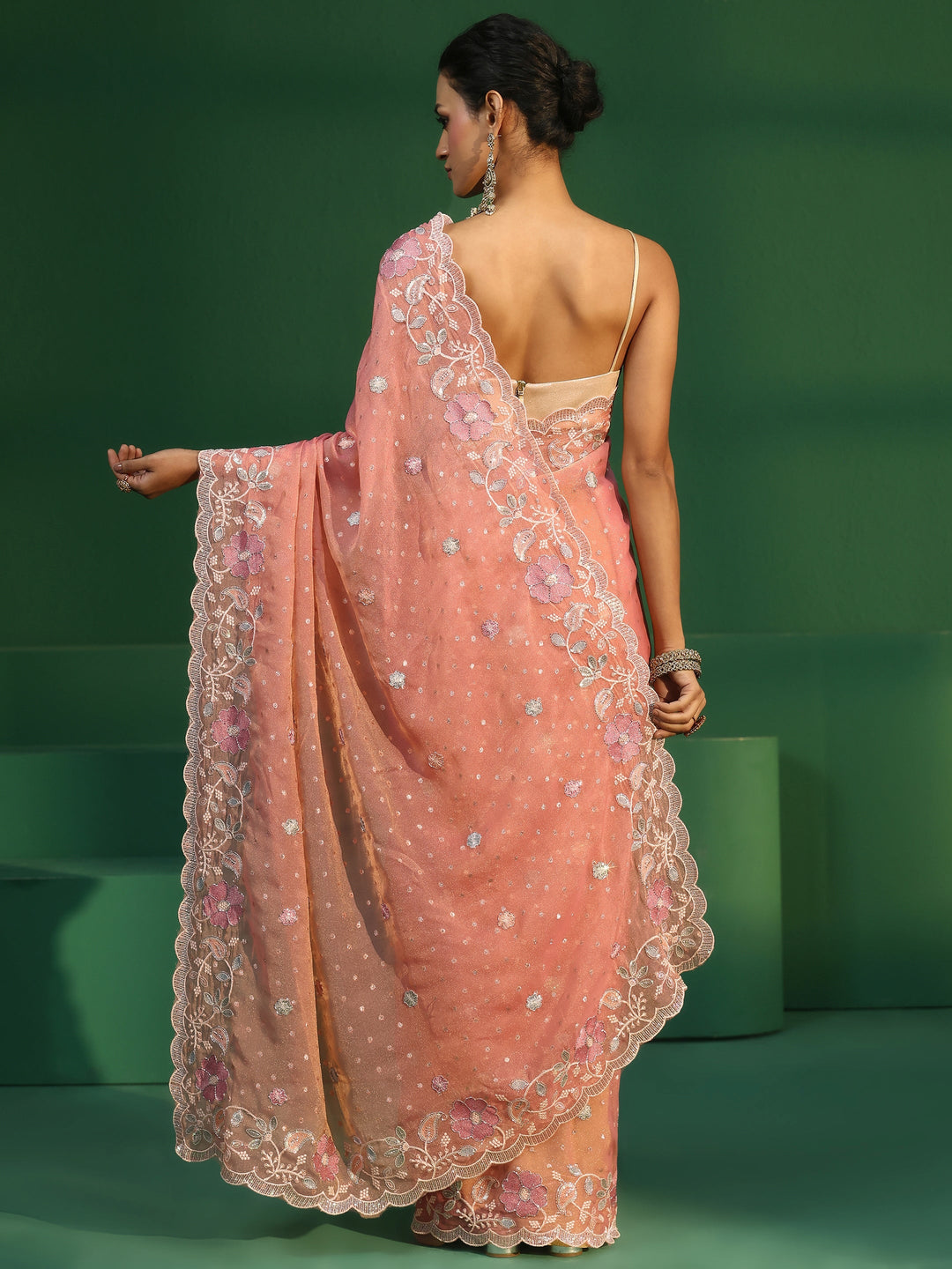 Libas Peach Embellished Tissue Saree with Floral Embroidered Border