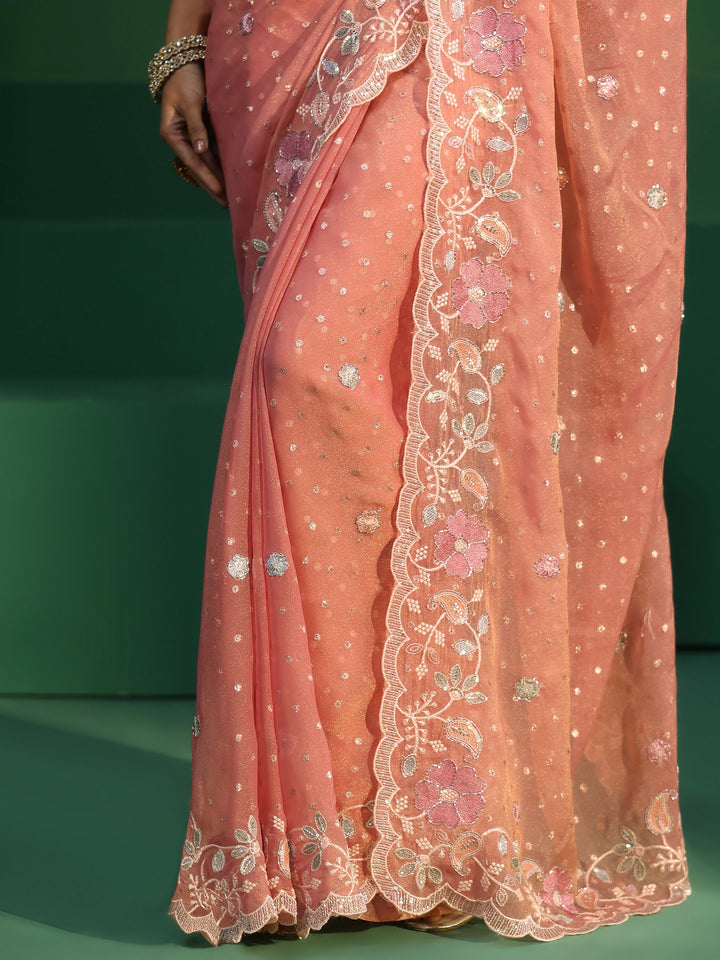 Libas Peach Embellished Tissue Saree with Floral Embroidered Border