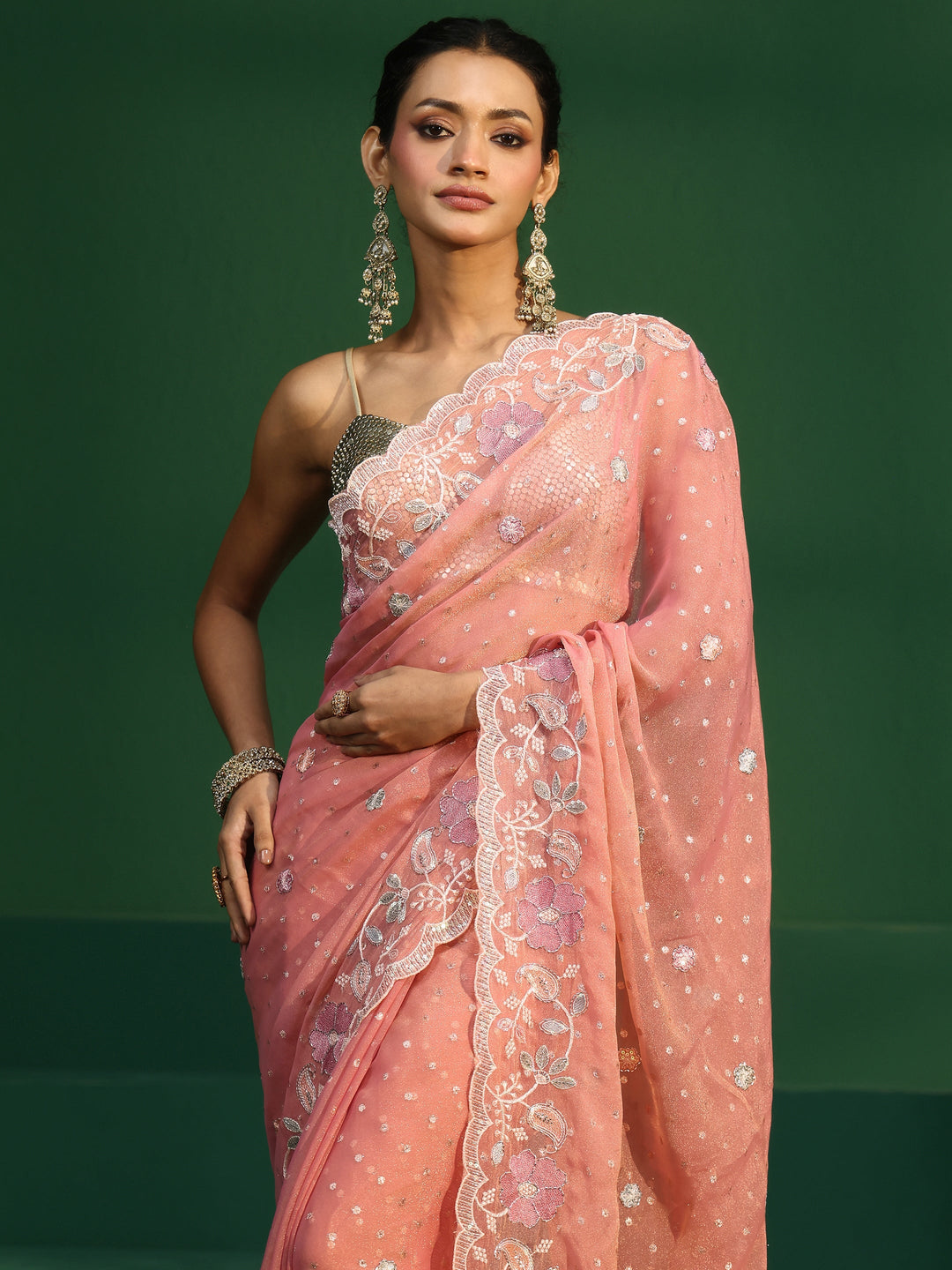 Libas Peach Embellished Tissue Saree with Floral Embroidered Border