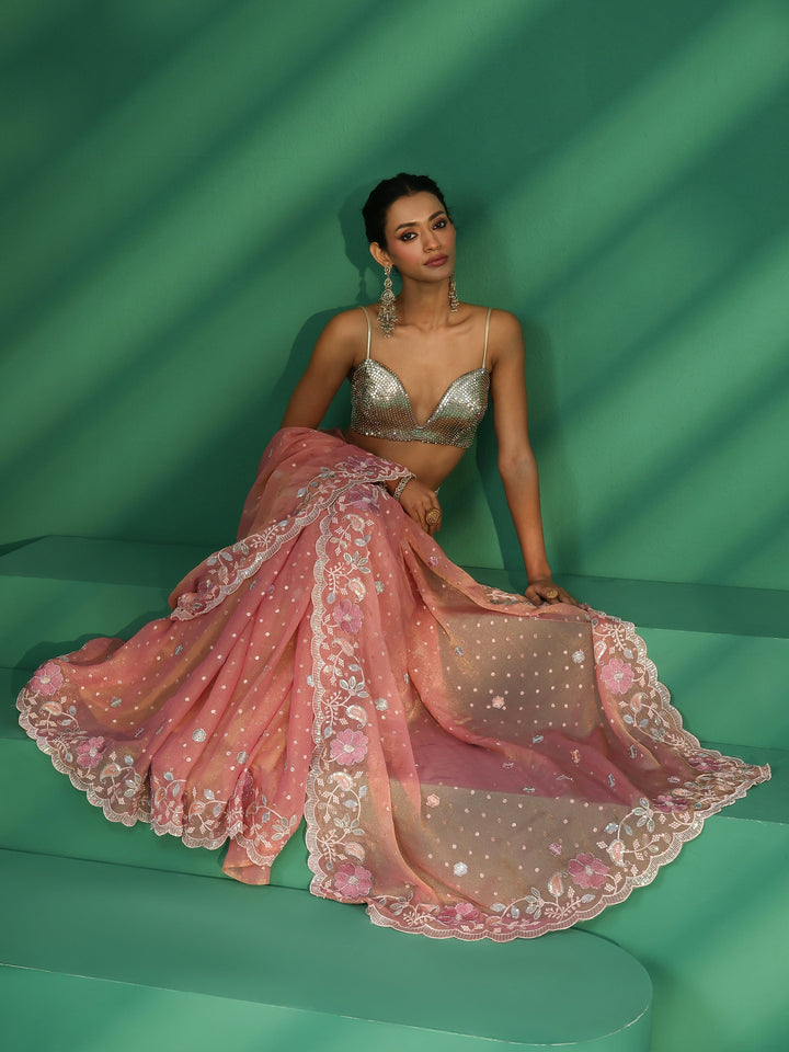Libas Peach Embellished Tissue Saree with Floral Embroidered Border