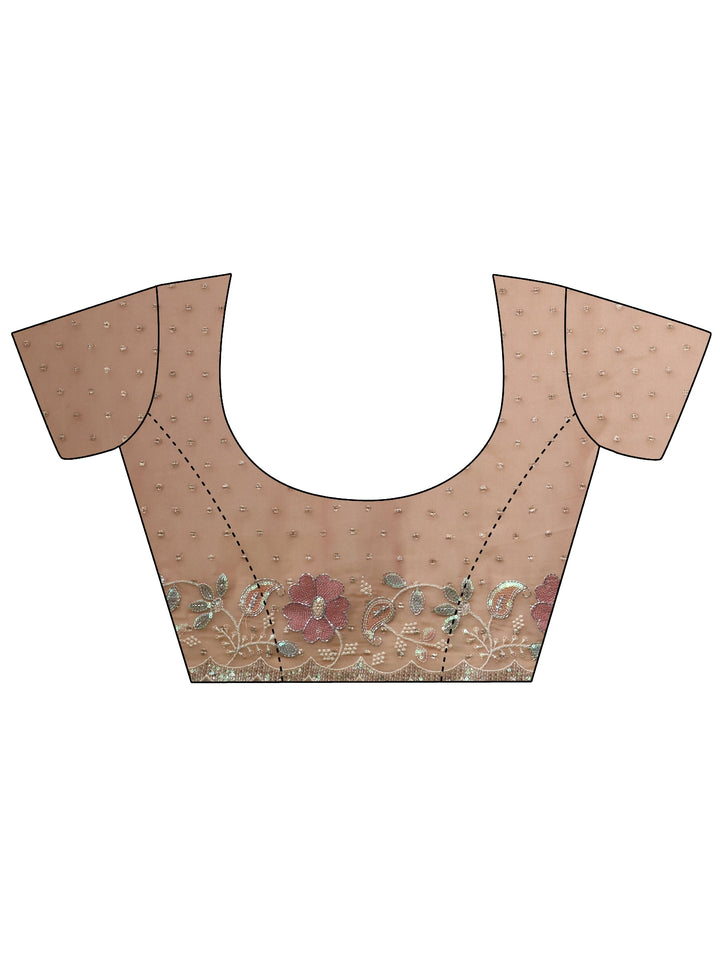 Libas Peach Embellished Tissue Saree with Floral Embroidered Border