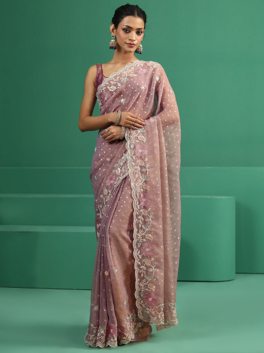 Libas Lavender Embellished Tissue Saree with Floral Embroidered Border