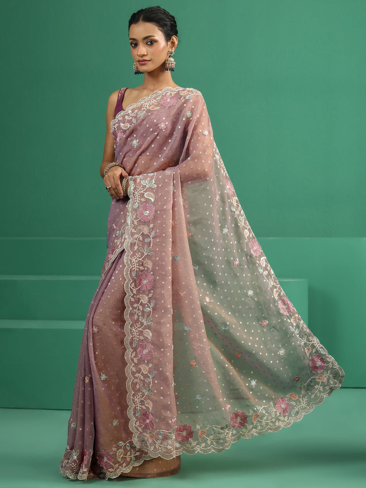 Libas Lavender Embellished Tissue Saree with Floral Embroidered Border