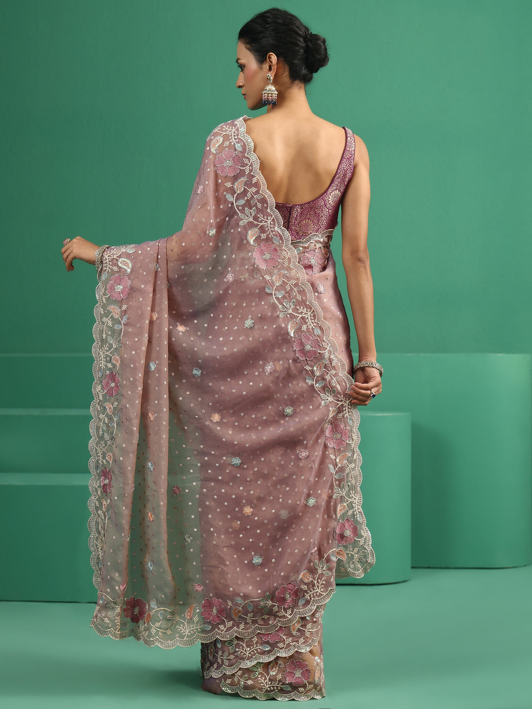 Libas Lavender Embellished Tissue Saree with Floral Embroidered Border