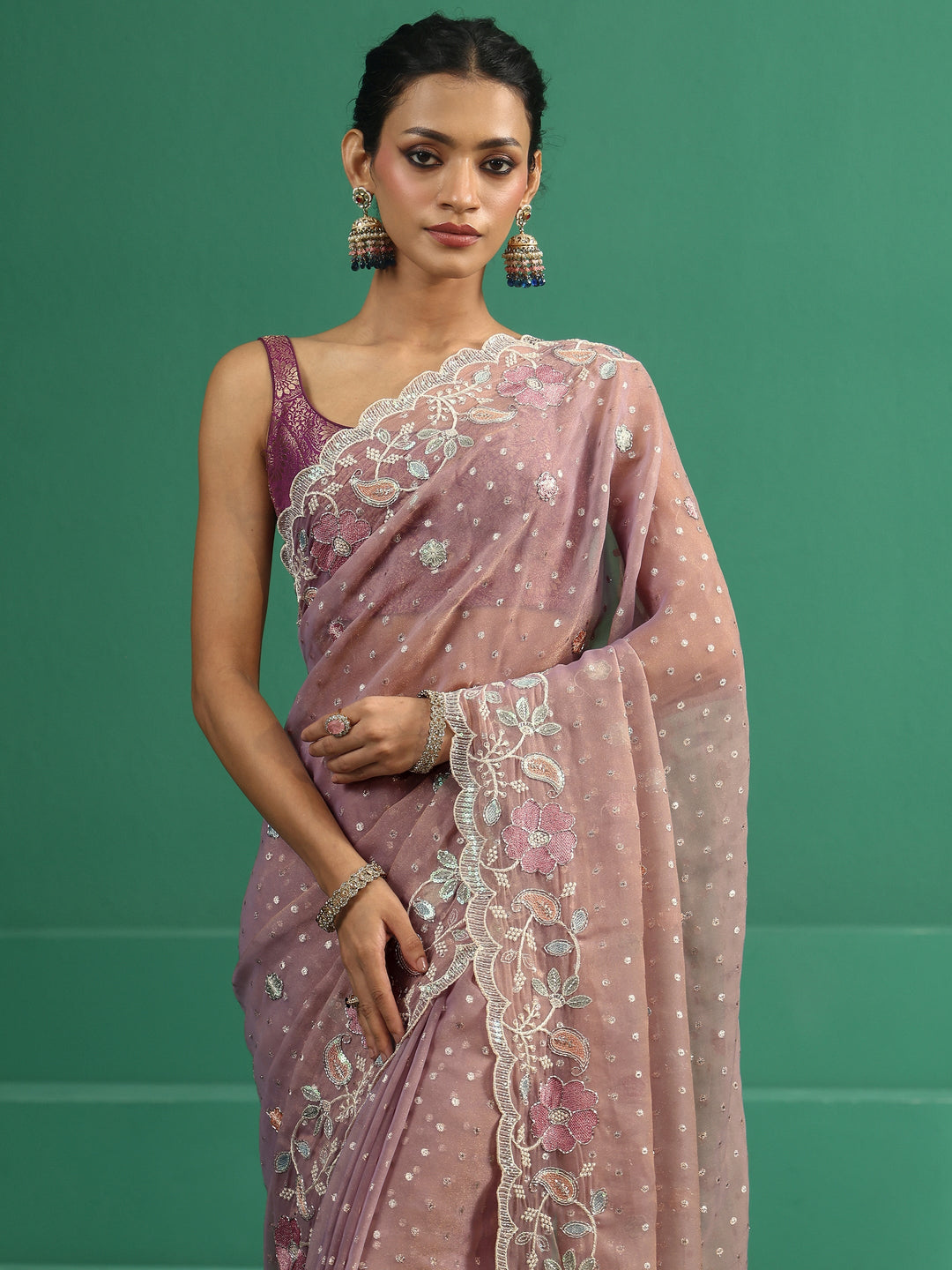 Libas Lavender Embellished Tissue Saree with Floral Embroidered Border