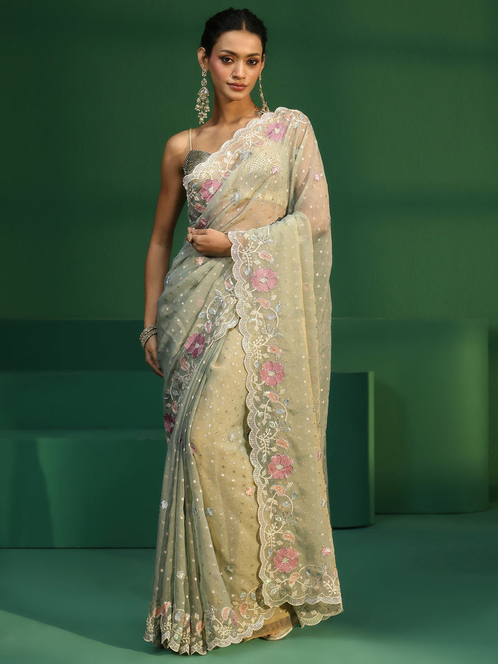 Libas Powder Blue Embellished Tissue Saree with Floral Embroidered Border