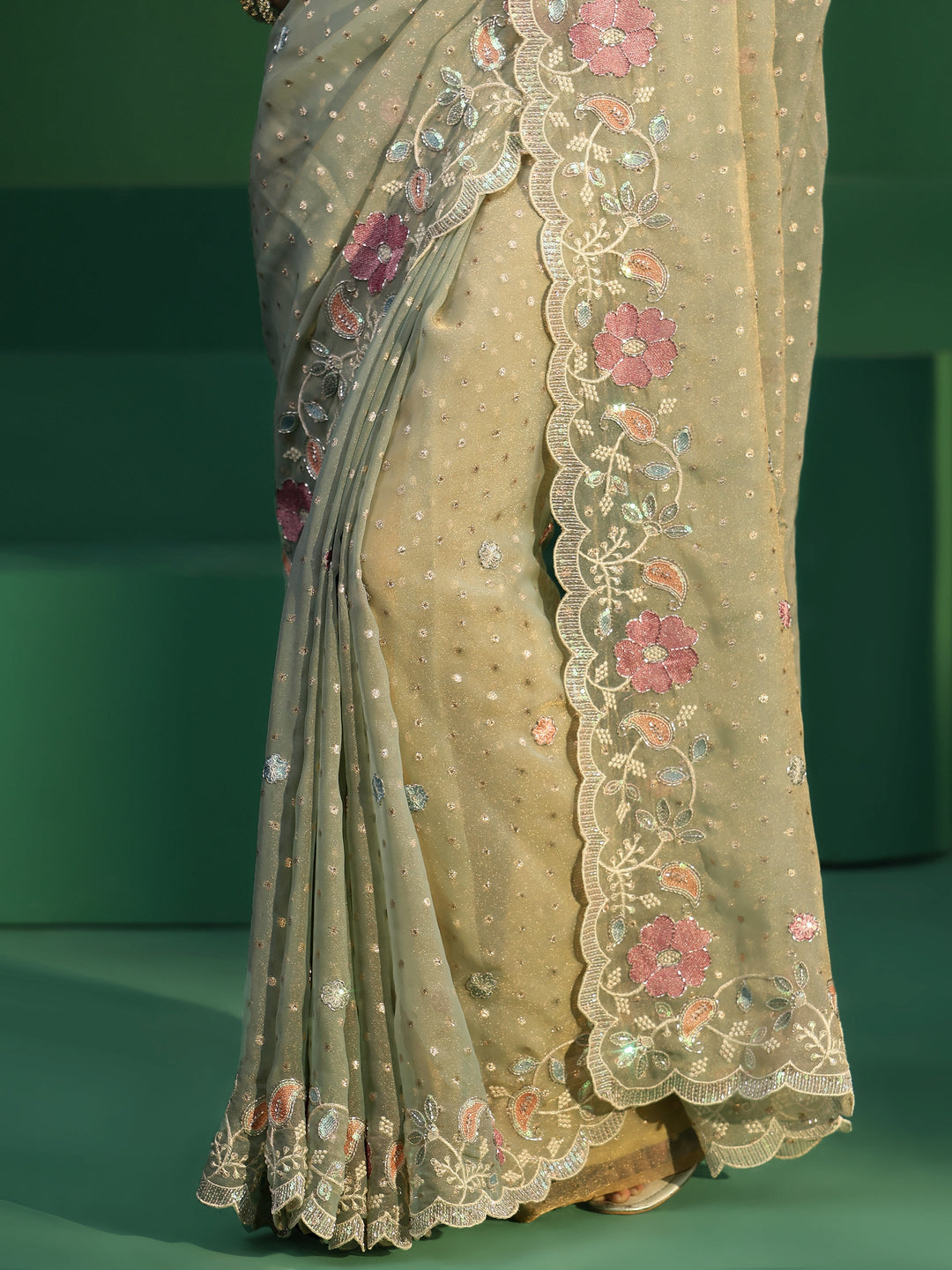 Libas Powder Blue Embellished Tissue Saree with Floral Embroidered Border