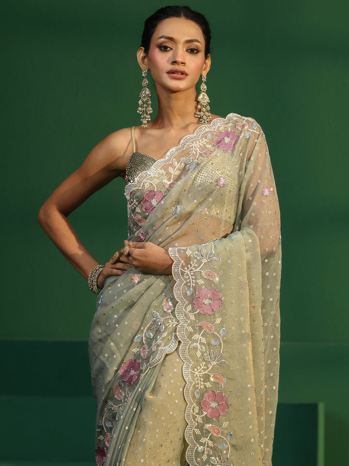 Libas Powder Blue Embellished Tissue Saree with Floral Embroidered Border
